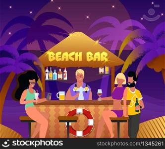 Beach Bar with Bartender and Cartoon People Drink Cocktails Vector Illustration. Summer Night Party. Happy Man Woman with Alcohol Beverage. Sea Shore Coconut Palm Tree. Tropical Relaxation. each Bar with Bartender and People Drink Cocktails