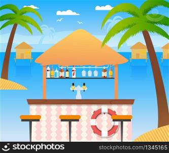 Beach Bar with Selling Cold Alcohol Drinks and Water. Wooden Summer Restaurant with Flotation Ring Panoramic Tropical Seascape with Water Houses. Palms Coconut Trees, Chairs. Vector Flat Illustration. Beach Bar with Selling Cold Alcohol Drinks, Water
