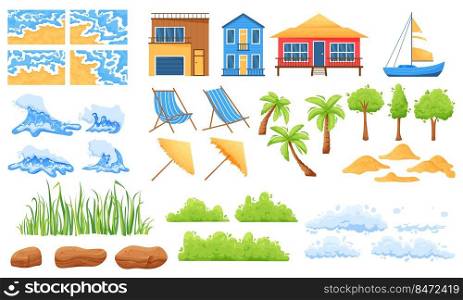 Beach . Cartoon sunny landscape kit with sea beach palm trees hills and mountains. Vector exotic background design illustration tropical green paradise. Beach . Cartoon sunny landscape kit with sea beach palm trees hills and mountains. Vector exotic background design