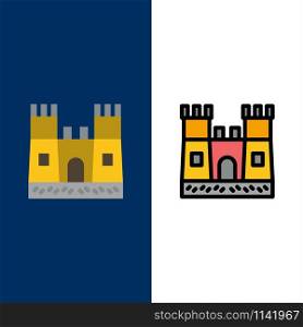 Beach, Castle, Sand Castle Icons. Flat and Line Filled Icon Set Vector Blue Background