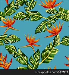 Beach cheerful seamless pattern wallpaper of tropical green leaves of palm trees and flowers bird of paradise (strelitzia) on a blue background