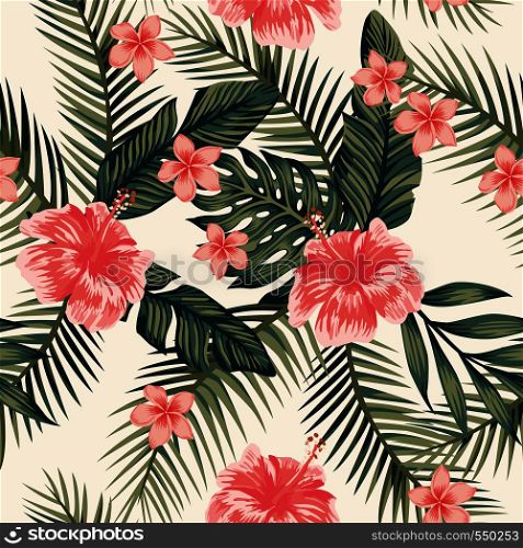 Beach cheerful wallpaper hibiscus plumeria tropical leaves seamless vector pattern on a light yellow background