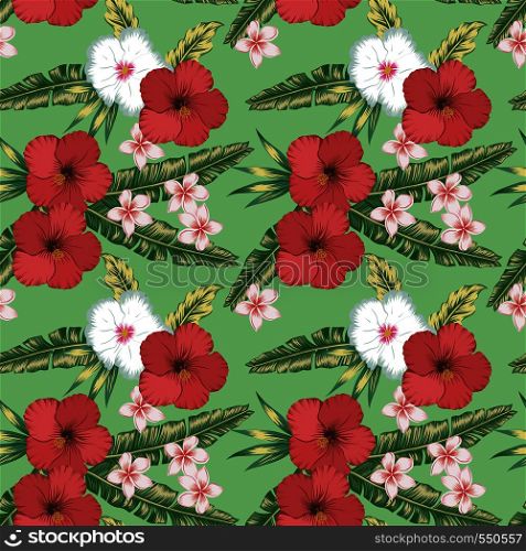 Beach cheerful wallpaper red, white hibiscus and plumeria (frangipani) tropical palm leaves seamless vector pattern on the green background