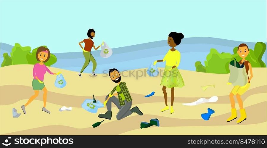 Beach cleanup flat composition with volunteers collecting washed up rubbish bottles drinking beakers plastic junk vector illustration