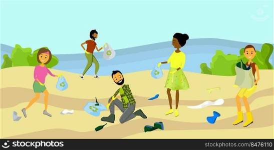 Beach cleanup flat composition with volunteers collecting washed up rubbish bottles drinking beakers plastic junk vector illustration