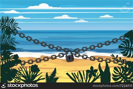 Beach Closed lock chain. Entrance on the beach is closed. Beach Closed lock chain. Entrance on the beach is closed. Summertime palms and plants around. Cartoon vector illustration. Summer vacation on sea coast banned