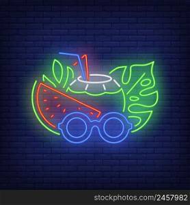 Beach cocktail and sunglasses neon sign. Summer, vacation, holiday. Vacations concept. Vector illustration in neon style for advertising, tourism, marketing