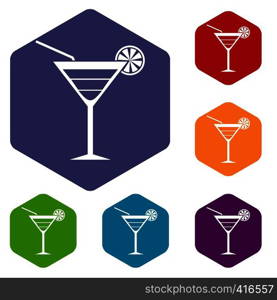 Beach cocktail icons set rhombus in different colors isolated on white background. Beach cocktail icons set