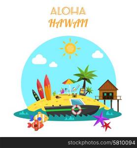 Beach concept with tropical island and sea vacation icons flat vector illustration. Beach Concept Flat