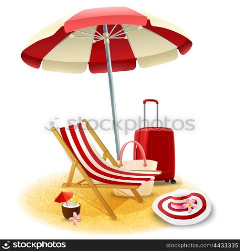 Beach Deck Chair And Umbrella Illustration . Beach deck chair and umbrella with suitcase and cocktail cartoon vector illustration