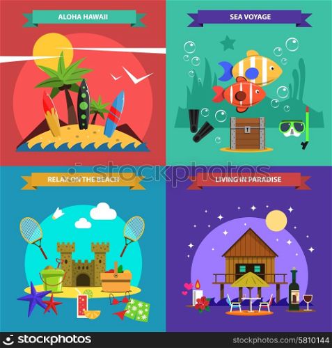 Beach design concept set with sea voyage flat icons isolated vector illustration. Beach Design Concept Set