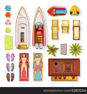 Beach Elements Top View. Beach elements top view including people on sunbeds slippers parasols boats water motorbikes bar isolated vector illustration