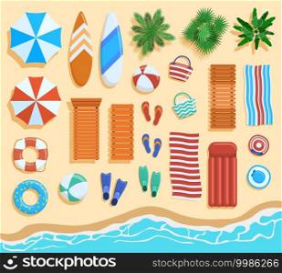 Beach elements top view. Sandy beach elements, tropical palms, chairs, umbrellas view from above. Ocean beach coastline objects vector illustration. Ocean beach sand coast with umbrella and chairs. Beach elements top view. Sandy beach elements, tropical palms, chairs, umbrellas view from above. Ocean beach coastline objects vector illustration