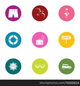 Beach entertainment icons set. Flat set of 9 beach entertainment vector icons for web isolated on white background. Beach entertainment icons set, flat style