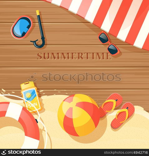 Beach Equipment Illustration . Beach equipment with sand and summer time symbols flat vector illustration