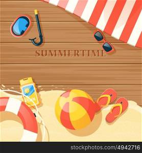 Beach Equipment Illustration . Beach equipment with sand and summer time symbols flat vector illustration