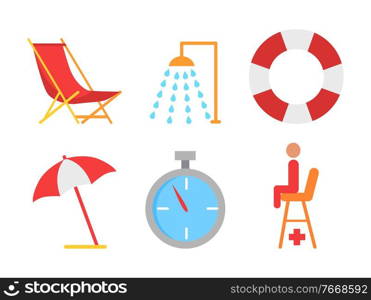 Beach equipment vector icon in cartoon style. Shower and lifebuoy, sunbed and open umbrella, stopwatch and lifesaver seat, simple primitive emblem. Beach Equipment Vector Icon in Cartoon Style.