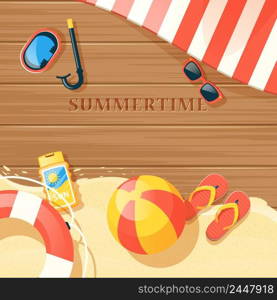 Beach equipment with sand and summer time symbols flat vector illustration . Beach Equipment Illustration 