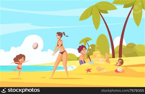 Beach family holiday composition with summer landscape characters of kids playing with parents on sandy beach vector illustration