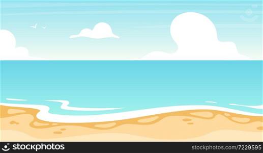 Beach flat flat vector illustration. Summer ocean, sea scenery backdrop design. Vacation resort, island coastline. Sunny paradise, turquoise lagoon. Seascape cartoon background, wallpaper. Beach flat flat vector illustration