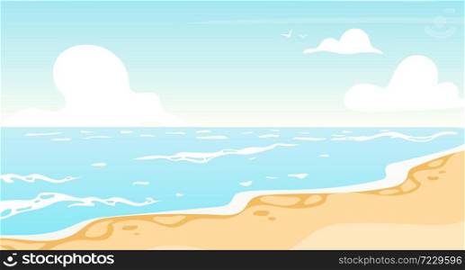 Beach flat flat vector illustration. Summer ocean, sea scenery backdrop design. Vacation resort, island coastline. Sunny paradise, turquoise lagoon. Seascape cartoon background, wallpaper. Beach flat flat vector illustration