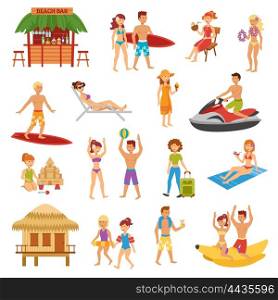 Beach flat set. Beach flat icons set with people on summer vacations isolated vector illustration