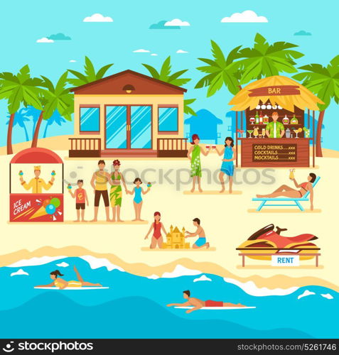 Beach Flat Style Illustration. Beach with people bar and stall with icecream rent of water motorbike flat style vector illustration