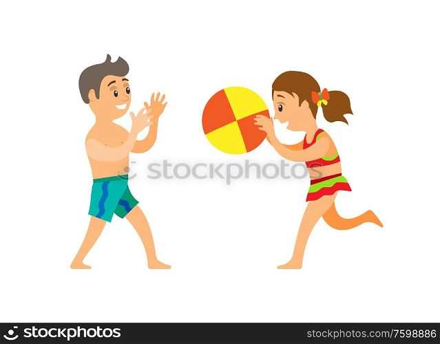 Beach game, boy and girl throwing ball, children in swimwear vector. Kids in trunks and swimsuit, summertime and holidays on seaside isolated characters. Children on Beach Throwing Ball, Boy and Girl