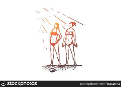 Beach, girl, summer, sea, sunbathe concept. Hand drawn two young girls sunbathe on the beach concept sketch. Isolated vector illustration.. Beach, girl, summer, sea, sunbathe concept. Hand drawn isolated vector.