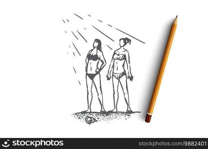 Beach, girl, summer, sea, sunbathe concept. Hand drawn two young girls sunbathe on the beach concept sketch. Isolated vector illustration.. Beach, girl, summer, sea, sunbathe concept. Hand drawn isolated vector.