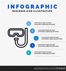 Beach, Goggles, Snorkeling, Underwater Line icon with 5 steps presentation infographics Background