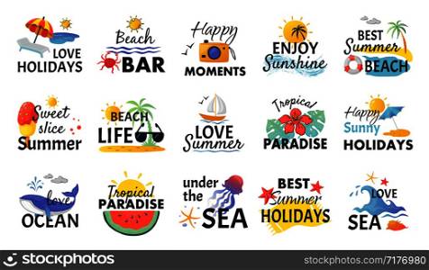 Beach hand drawn stickers. Summer holidays labels with lettering and tropical elements, sun waves and ice cream. Vector nature vacation flat logos for travel marketing. Beach hand drawn stickers. Summer holidays labels with lettering and tropical elements, sun waves and ice cream. Vector vacation logos
