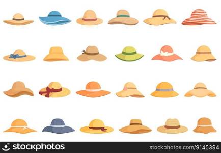 Beach hat icons set cartoon vector. Straw summer. Hat cap. Beach hat icons set cartoon vector. Straw summer