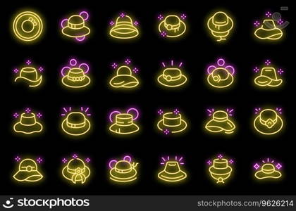 Beach hat icons set outline vector. Straw summer. Travel brim neon color on black isolated. Beach hat icons set vector neon