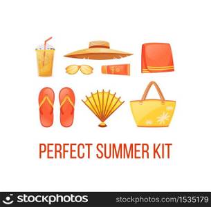 Beach holiday essentials social media post mockup. Perfect summer kit phrase. Web banner design template. Booster, content layout with inscription. Poster, print ads and flat illustration. Beach essentials social media post mockup