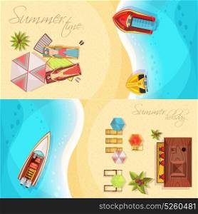 Beach Holiday Horizontal Banners Top View. Beach holiday horizontal banners top view including coast, sea, boats, bar, sunbathers on loungers isolated vector illustration