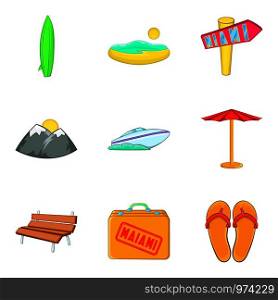 Beach holiday icons set. Cartoon set of 9 beach holiday vector icons for web isolated on white background. Beach holiday icons set, cartoon style