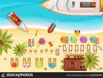 Beach Holiday Top View Illustration. Beach holiday composition top view including sunbathers on loungers bar boats and surfboards palm trees vector illustration