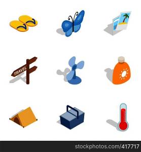 Beach holidays icons set. Isometric 3d illustration of 9 beach holidays vector icons for web. Beach holidays icons, isometric 3d style