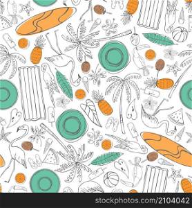 Beach holidays in the tropics. Items for swimming on the water. Vector seamless pattern.. Items for swimming on the water. Vector pattern.