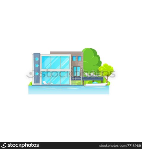 Beach house with lounge zone, chaise longue on deck, boat in sea or ocean isolated. Vector villa or cottage on water, seashore bungalow real estate building. Home on tropical island, green trees. Modern beach house with lounge zone, boat isolated