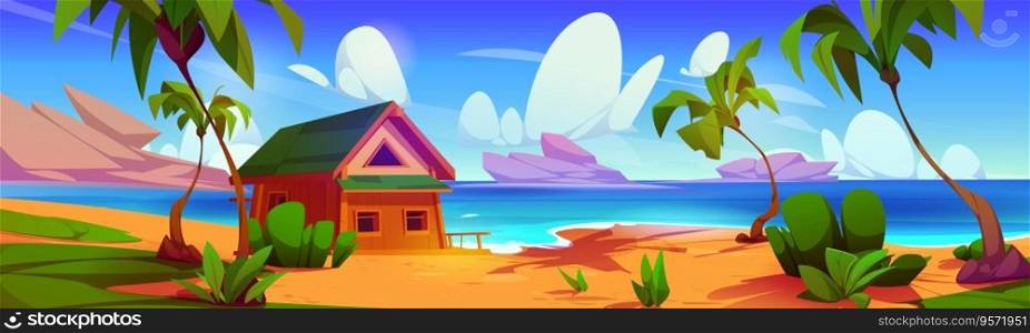 Beach hut house in summer tropical vector illustration. Bungalow resort near sea background landscape. Wood cabin for ocean vacation on hawaii. Palm tree on exotic private lagoon coast for tourism. Beach hut house in summer vector illustration