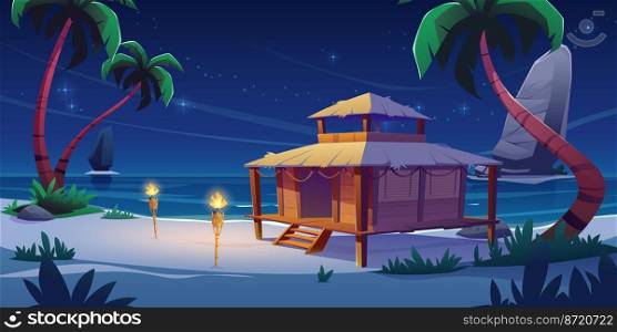 Beach hut or bungalow at night on tropical island, summer shack with glow window under full moon starry sky at ocean coastline, wooden house on piles with terrace near sea, Cartoon vector illustration. Beach hut or bungalow at night on tropical island