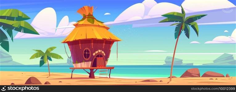 Beach hut or bungalow on tropical island resort, summer shack, wooden house on piles with terrace, palm trees and ocean landscape. Wooden private cottage with thatch roof Cartoon vector illustration. Beach hut or bungalow on tropical island resort