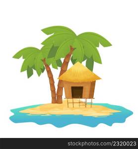 Beach hut or bungalow with straw roof, wooden on tropic island with palm tree in cartoon style isolated on white background. Bamboo cabin, small house exotic object. Vector illustration