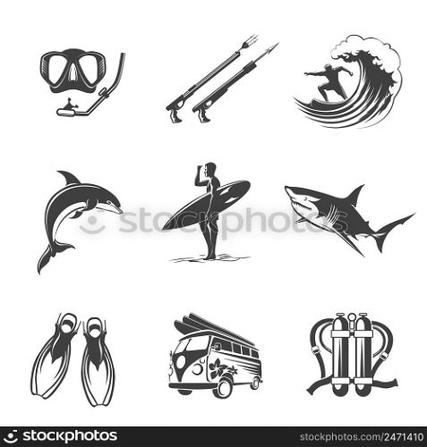 Beach icons black set. Summer, vacation and tourism signs. Leisure and hunting, dolphins and sharks, fins and scuba, spearfishing surfing and diving. Vector illustration. Beach icons black set. Summer, vacation and tourism signs