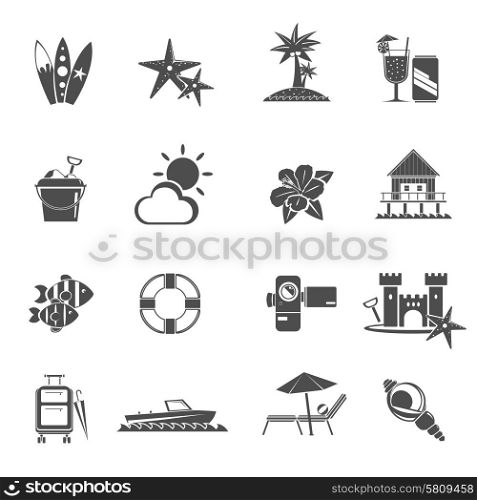 Beach icons black set with sea holidays and relaxation symbols isolated vector illustration. Beach Icons Black Set