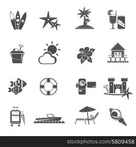 Beach icons black set with sea holidays and relaxation symbols isolated vector illustration. Beach Icons Black Set