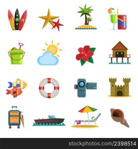 Beach icons flat set with cocktail camera suitcase isolated vector illustration. Beach Icons Flat
