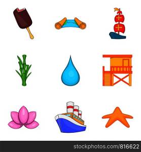 Beach icons set. Cartoon set of 9 beach vector icons for web isolated on white background. Beach icons set, cartoon style